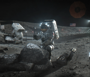Astronaut using a pickaxe to take a rock sample on the Moon